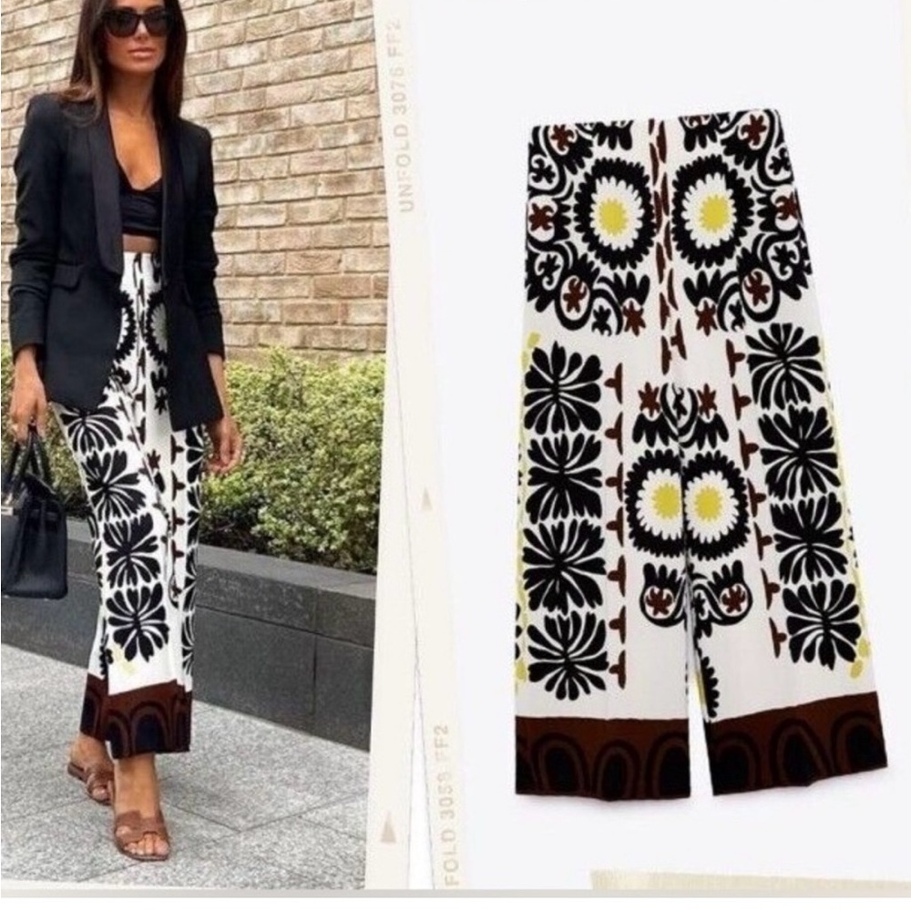Zara Floral Patterned Wide-Leg Cropped Pants / Culottes, High Waisted.